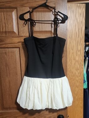 Black and Cream Tie-Strap Bubble Hem Dress